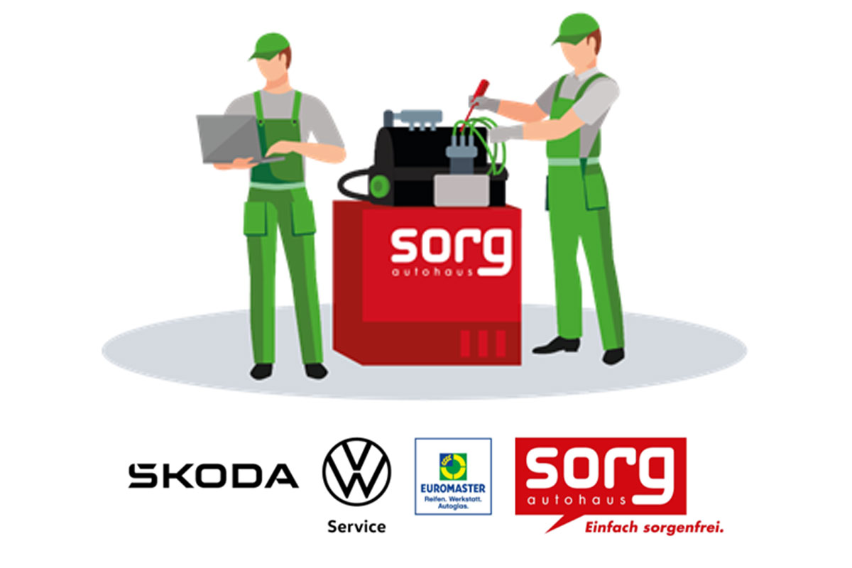 Bild zeigt eine Illustration und Firmenlogo von Sorg, VW Service, Euromaster, Skoda